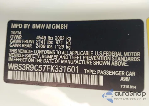 2015 BMW M4 z USA, uszkodzony, nr VIN WBS3R9C57FK331601